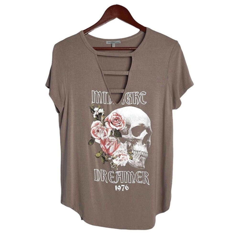 Womens Skull Roses Graphic T Shirt Taupe Cutout Neck Dreamer 1976 Top